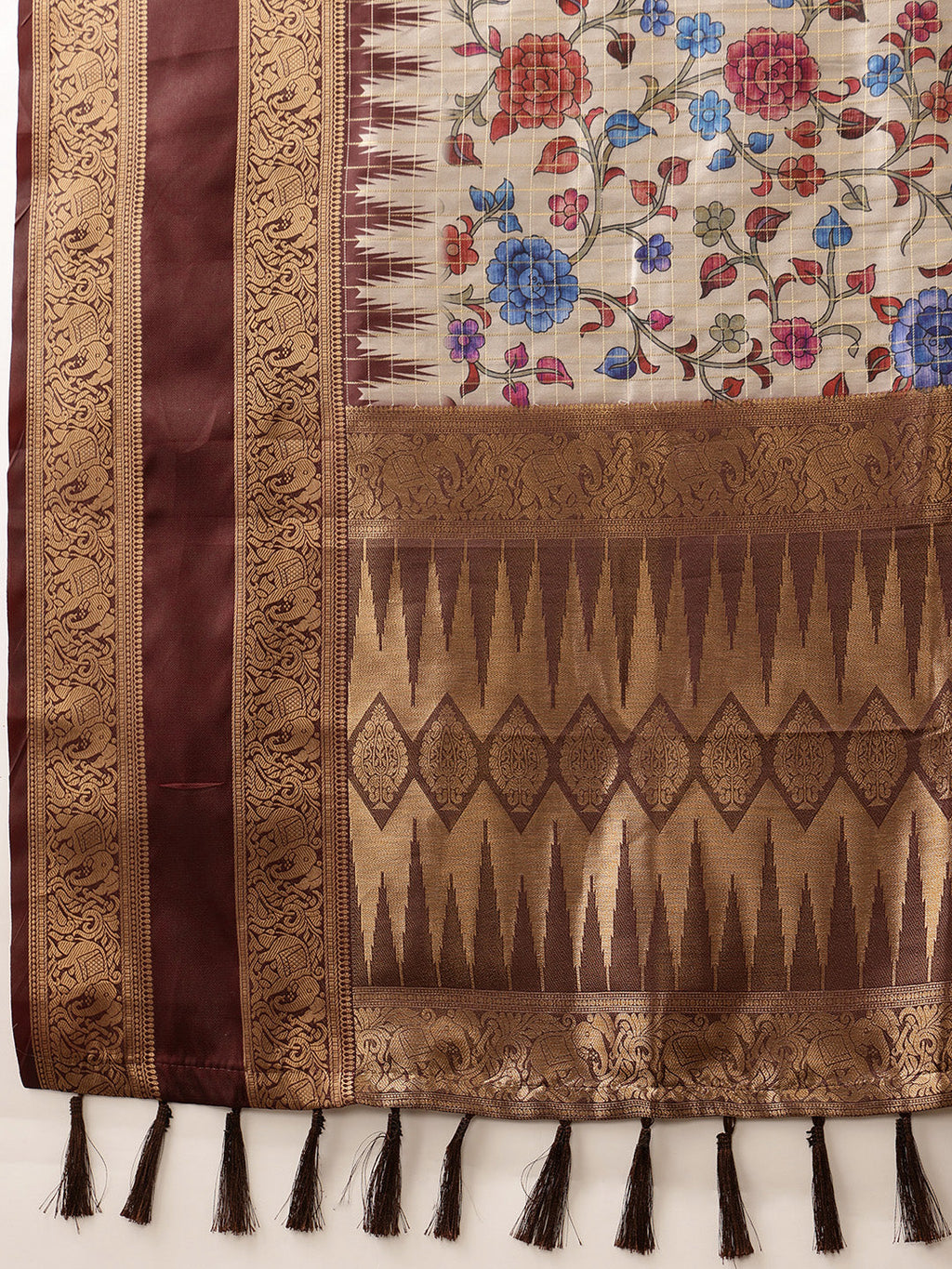 Hiral Fashion Beige Kanjivaram Soft Silk Floral Digital Print Saree | Grocsy