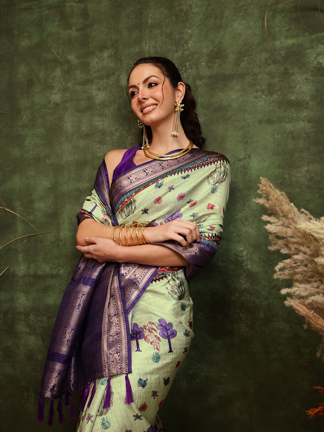 Hiral Fashion Olive Kanjeevaram Banarasi Silk Floral Digital Printed Saree | Grocsy