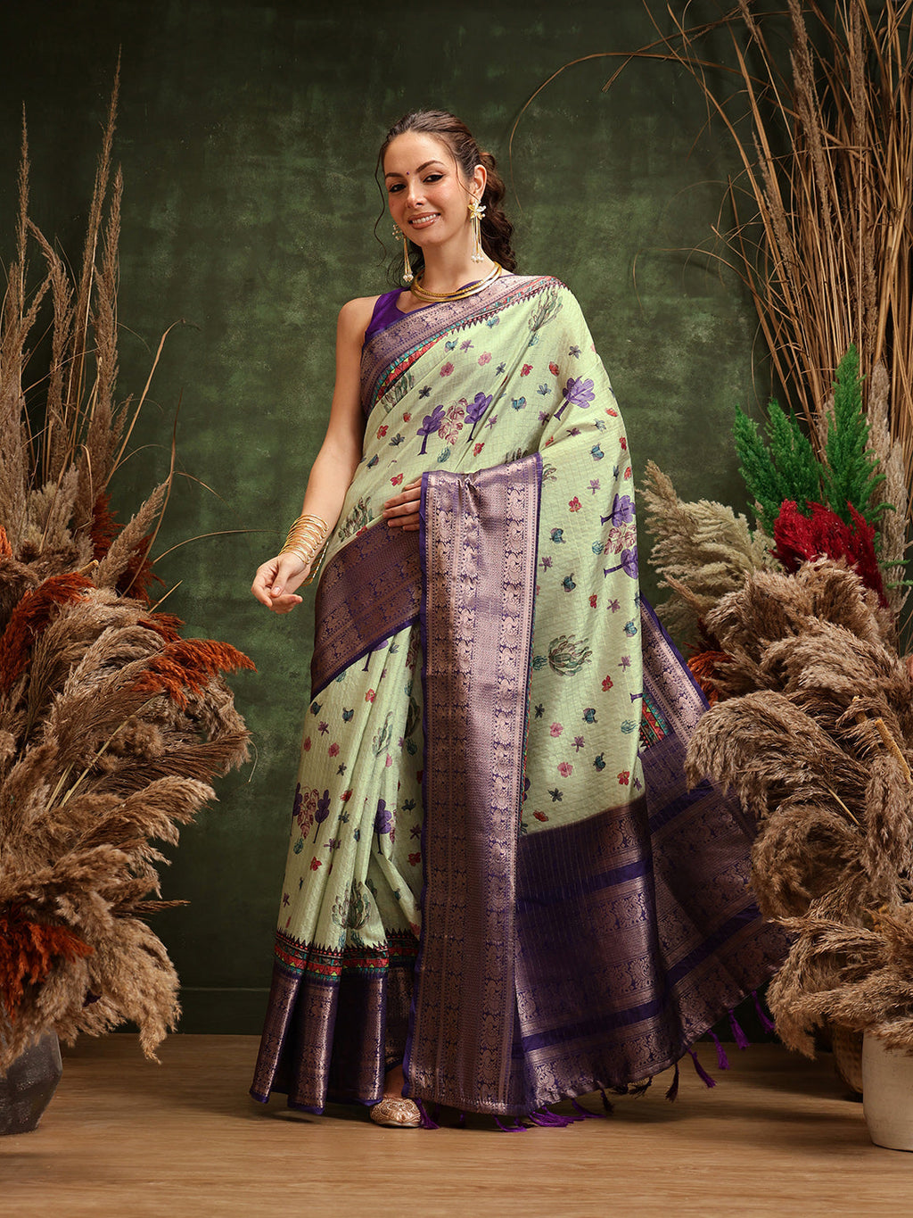Hiral Fashion Olive Kanjeevaram Banarasi Silk Floral Digital Printed Saree | Grocsy