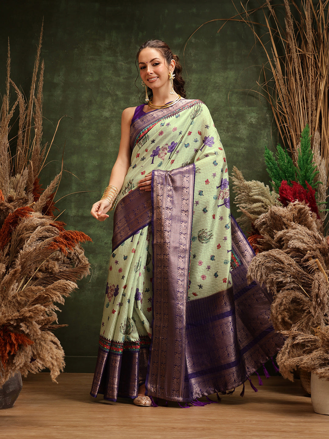 Hiral Fashion Olive Kanjeevaram Banarasi Silk Floral Digital Printed Saree | Grocsy