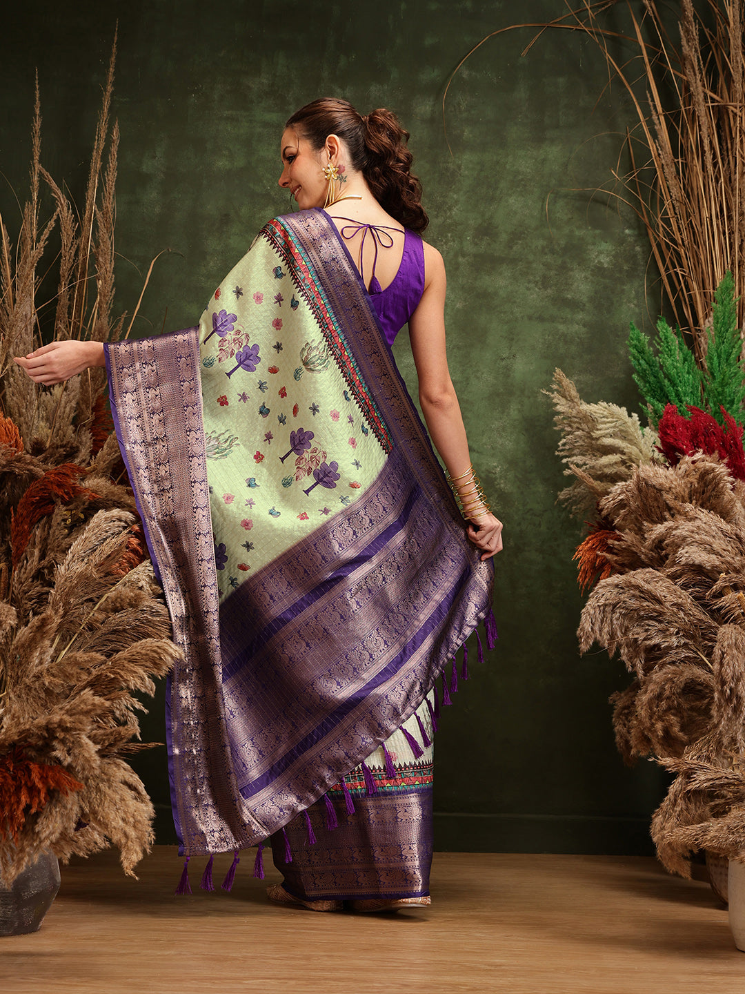 Hiral Fashion Olive Kanjeevaram Banarasi Silk Floral Digital Printed Saree | Grocsy