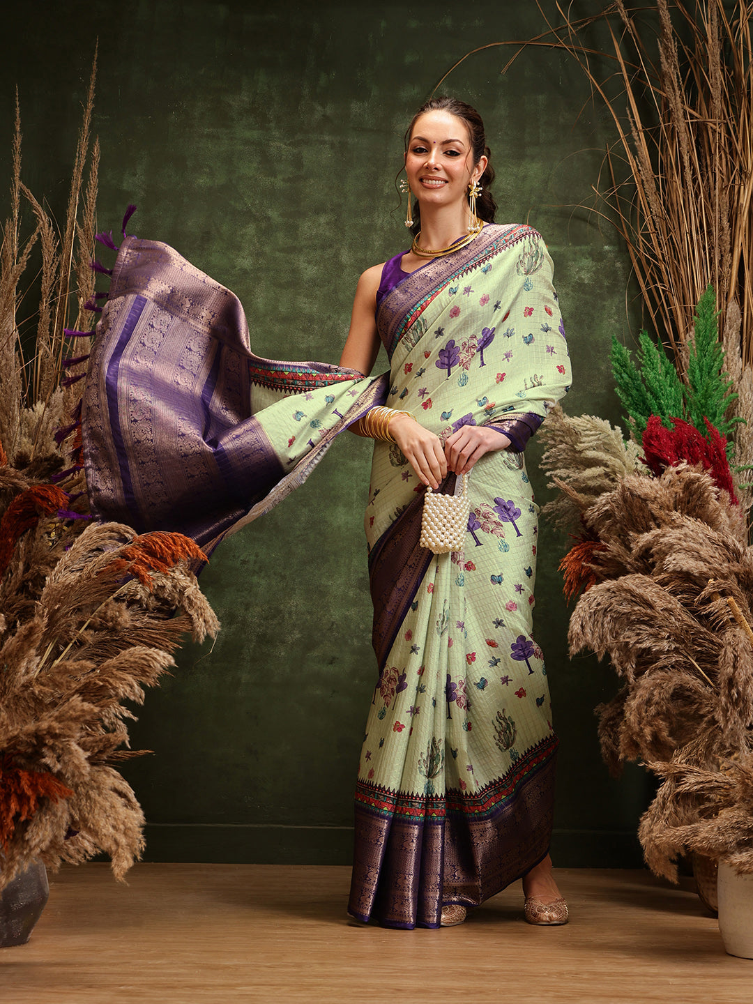 Hiral Fashion Olive Kanjeevaram Banarasi Silk Floral Digital Printed Saree | Grocsy