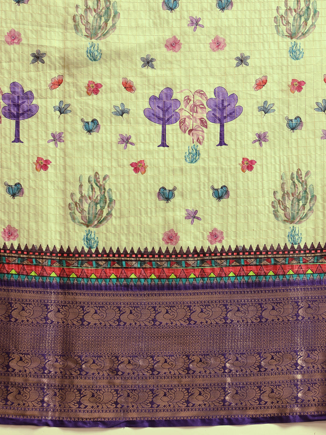 Hiral Fashion Olive Kanjeevaram Banarasi Silk Floral Digital Printed Saree | Grocsy