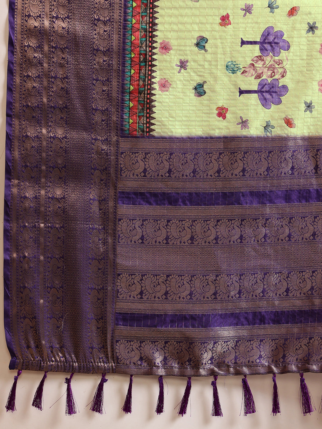 Hiral Fashion Olive Kanjeevaram Banarasi Silk Floral Digital Printed Saree | Grocsy