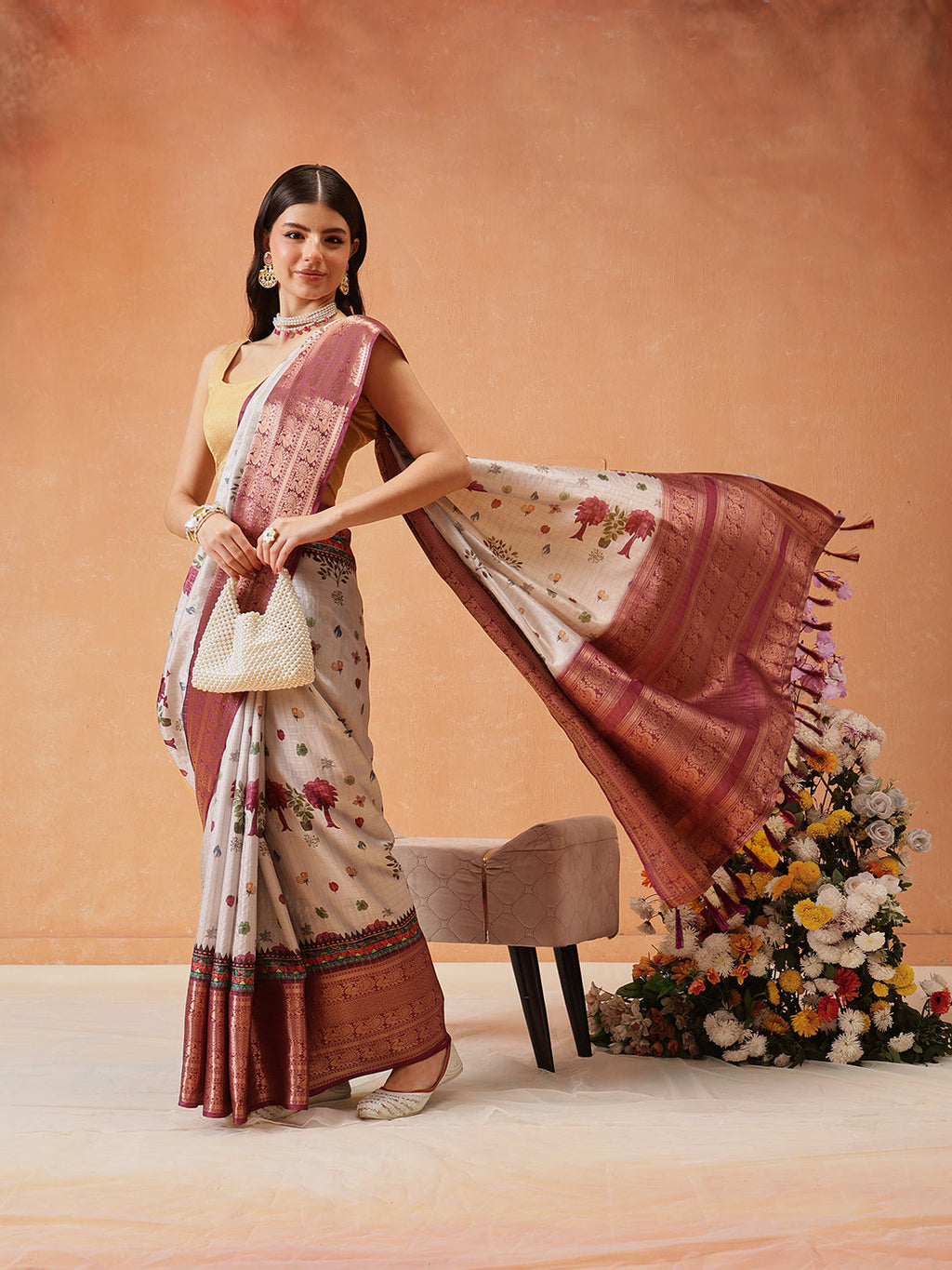Hiral Fashion Grey Kanjeevaram Banarasi Silk Floral Digital Printed Saree | Grocsy