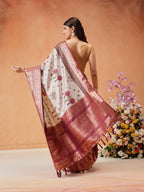 Hiral Fashion Grey Kanjeevaram Banarasi Silk Floral Digital Printed Saree | Grocsy