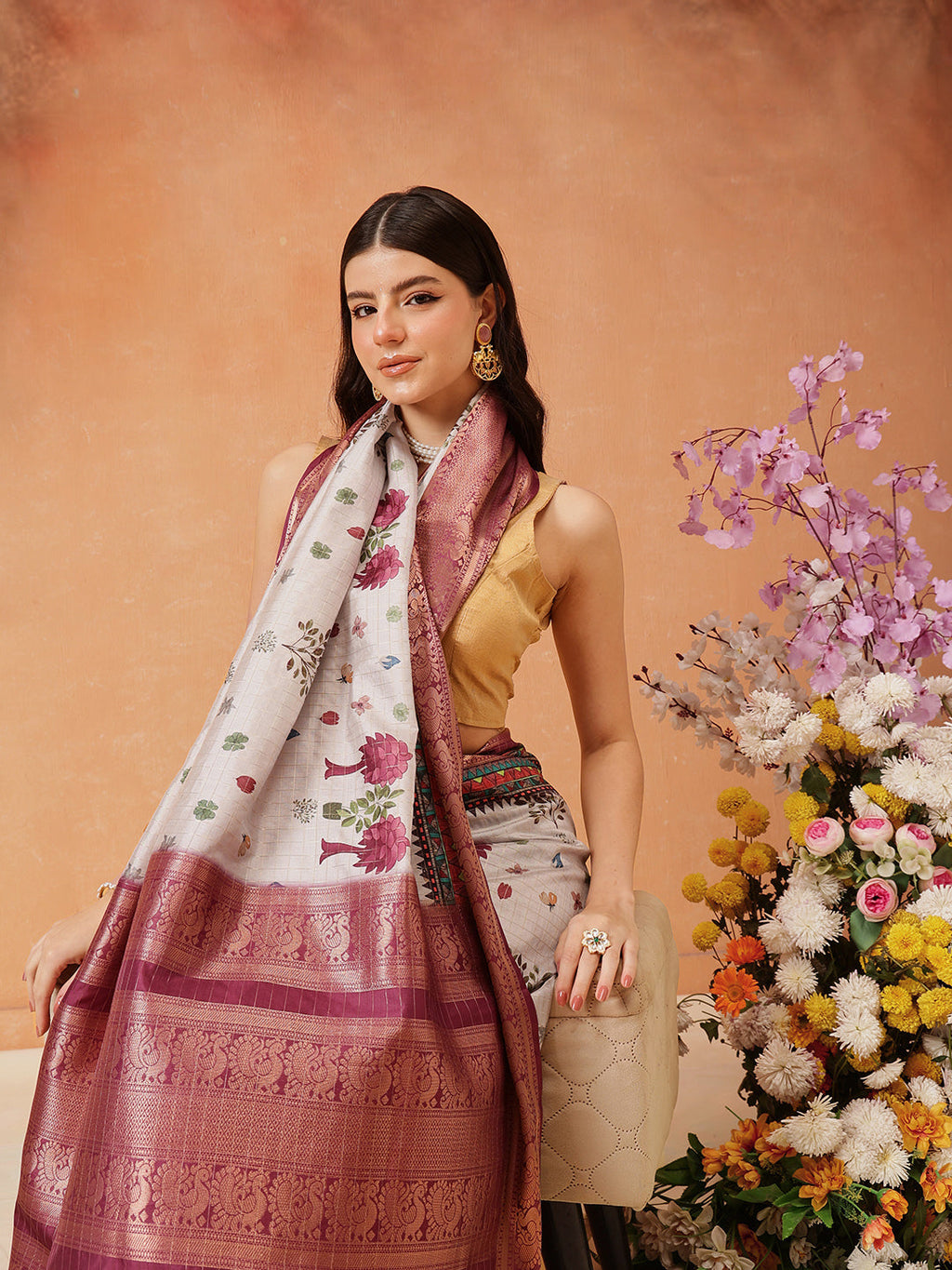 Hiral Fashion Grey Kanjeevaram Banarasi Silk Floral Digital Printed Saree | Grocsy