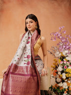 Hiral Fashion Grey Kanjeevaram Banarasi Silk Floral Digital Printed Saree | Grocsy