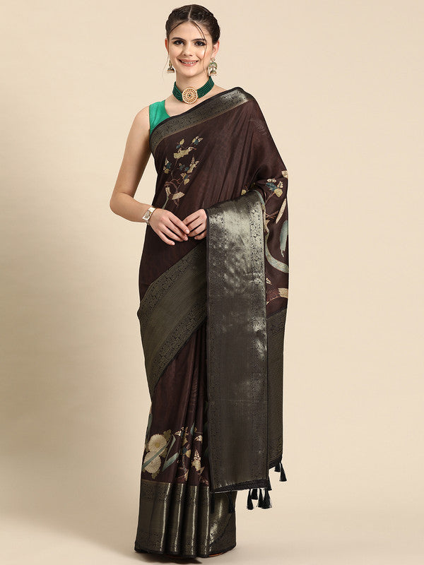 Brown Kanchipuram Silk Digital Print Floral Saree with Unstitched Blouse - Hiral Fashion | Grocsy