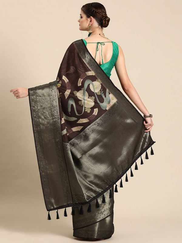 Brown Kanchipuram Silk Digital Print Floral Saree with Unstitched Blouse - Hiral Fashion | Grocsy