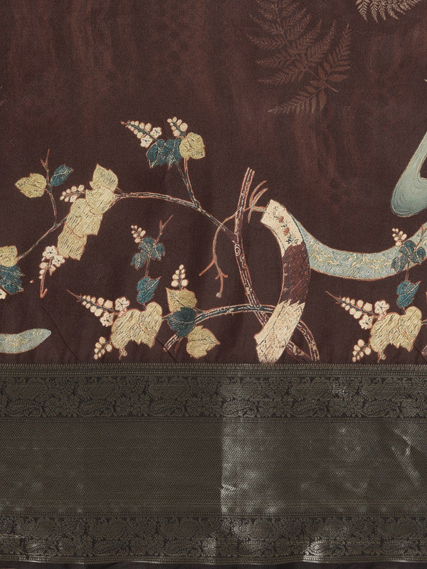 Brown Kanchipuram Silk Digital Print Floral Saree with Unstitched Blouse - Hiral Fashion | Grocsy