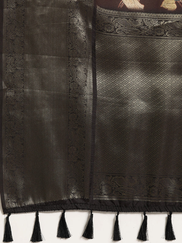 Brown Kanchipuram Silk Digital Print Floral Saree with Unstitched Blouse - Hiral Fashion | Grocsy