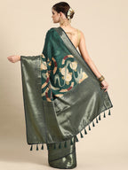 Green Kanchipuram Silk Digital Print Floral Saree with Unstitched Blouse - Hiral Fashion | Grocsy