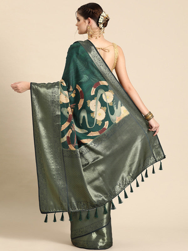 Green Kanchipuram Silk Digital Print Floral Saree with Unstitched Blouse - Hiral Fashion | Grocsy