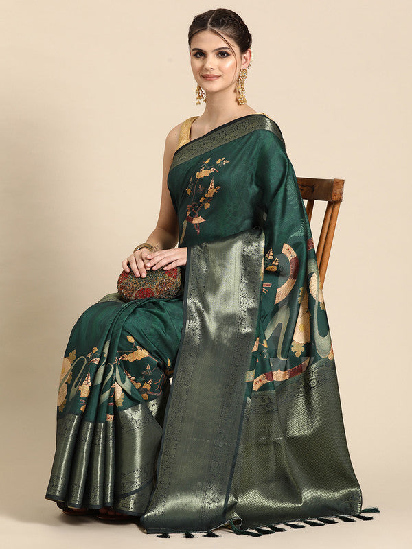 Green Kanchipuram Silk Digital Print Floral Saree with Unstitched Blouse - Hiral Fashion | Grocsy