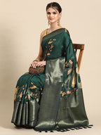 Green Kanchipuram Silk Digital Print Floral Saree with Unstitched Blouse - Hiral Fashion | Grocsy
