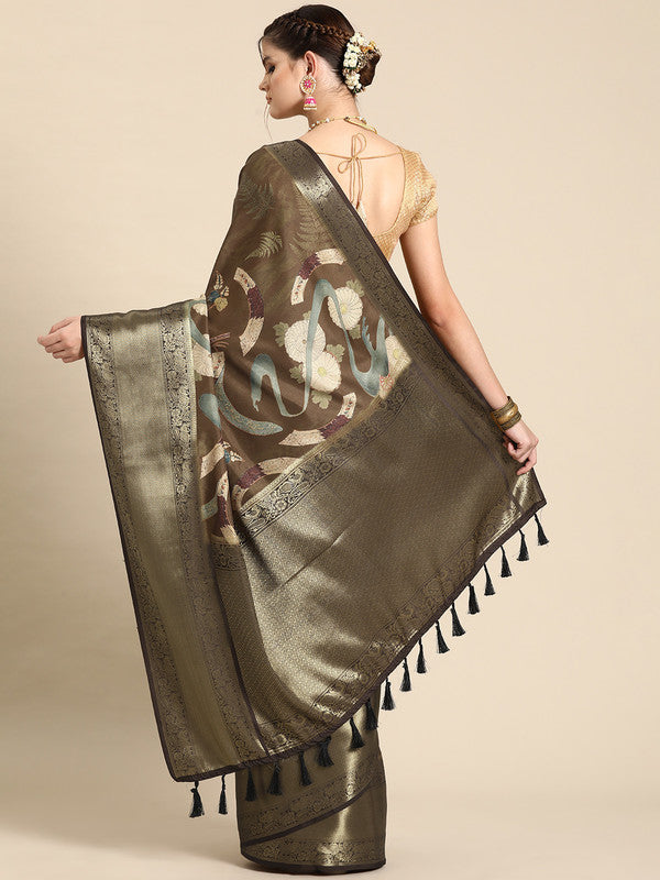 Multicolor Kanchipuram Silk Digital Print Floral Saree with Unstitched Blouse - Hiral Fashion | Grocsy