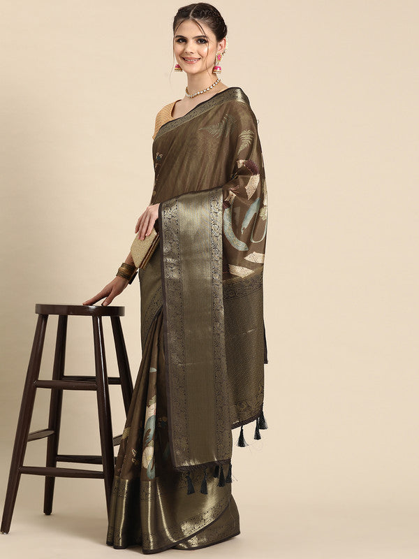 Multicolor Kanchipuram Silk Digital Print Floral Saree with Unstitched Blouse - Hiral Fashion | Grocsy