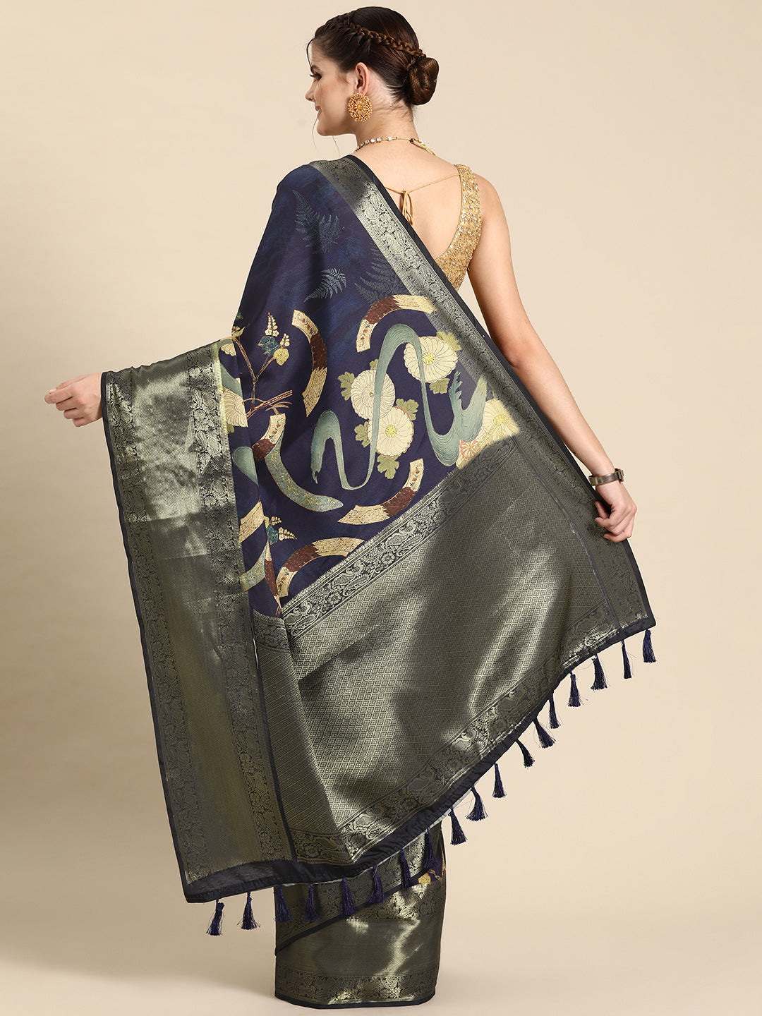 Navy Blue Kanchipuram Silk Digital Print Floral Saree with Unstitched Blouse - Hiral Fashion | Grocsy