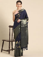 Navy Blue Kanchipuram Silk Digital Print Floral Saree with Unstitched Blouse - Hiral Fashion | Grocsy