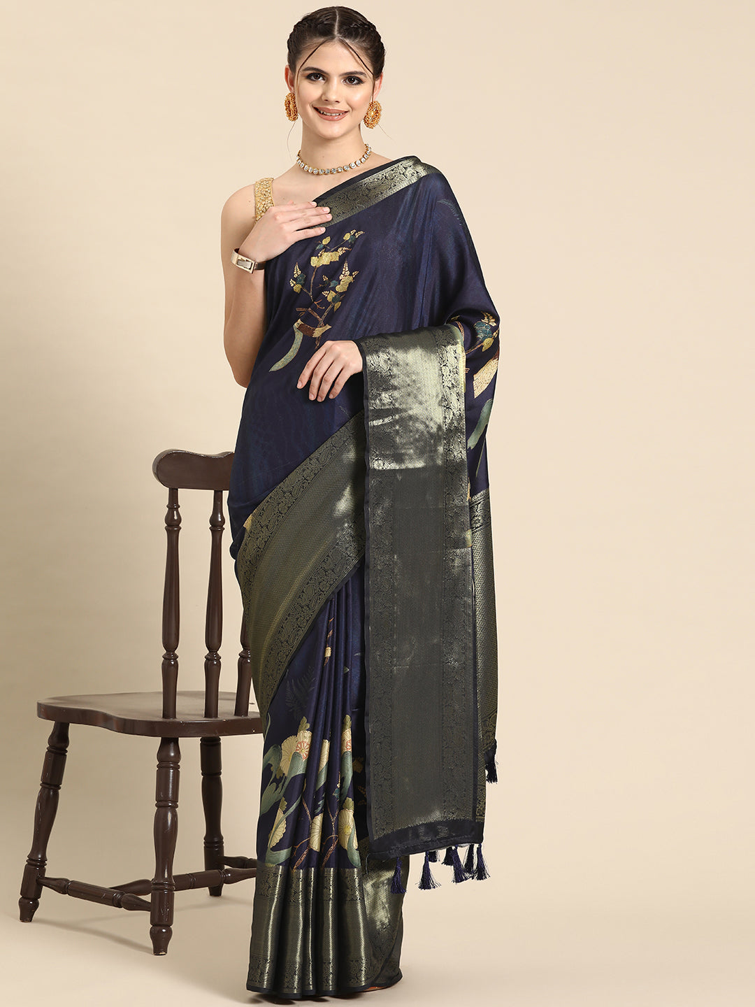 Navy Blue Kanchipuram Silk Digital Print Floral Saree with Unstitched Blouse - Hiral Fashion | Grocsy