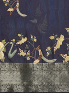 Navy Blue Kanchipuram Silk Digital Print Floral Saree with Unstitched Blouse - Hiral Fashion | Grocsy