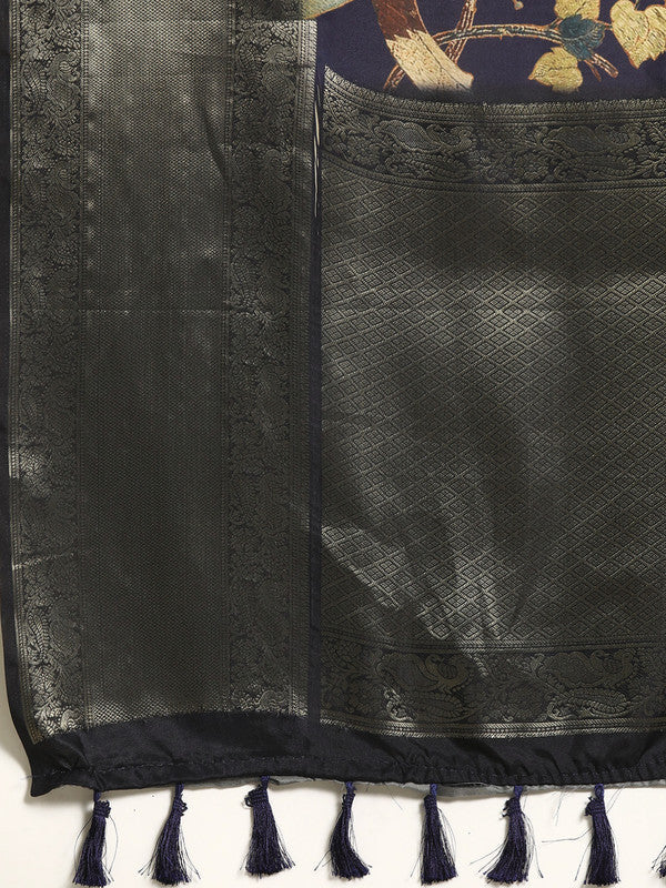 Navy Blue Kanchipuram Silk Digital Print Floral Saree with Unstitched Blouse - Hiral Fashion | Grocsy