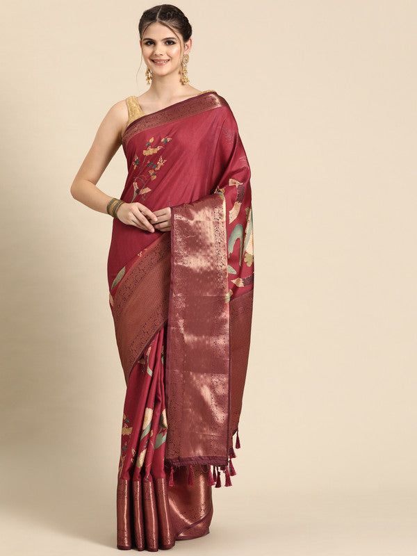 Red Kanchipuram Silk Digital Print Floral Saree with Unstitched Blouse - Hiral Fashion | Grocsy