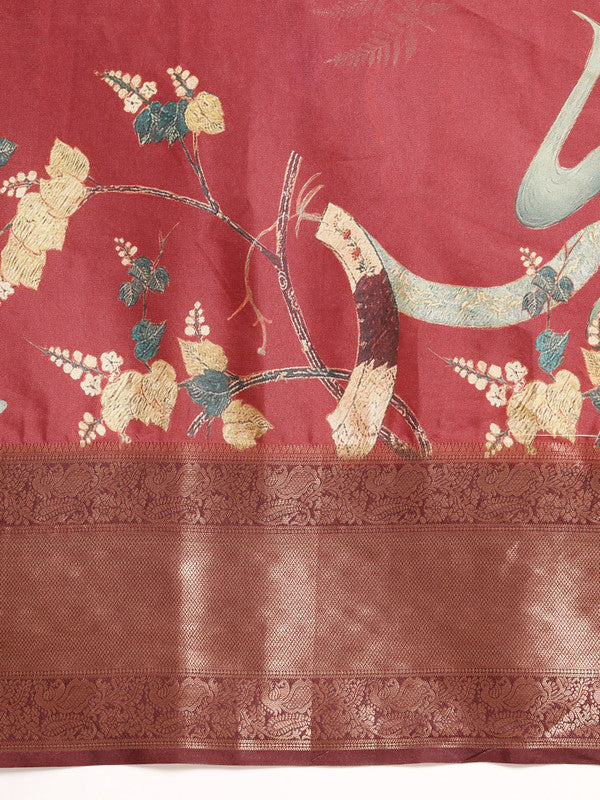 Red Kanchipuram Silk Digital Print Floral Saree with Unstitched Blouse - Hiral Fashion | Grocsy