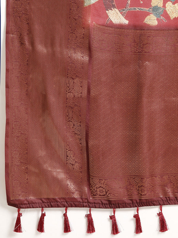 Red Kanchipuram Silk Digital Print Floral Saree with Unstitched Blouse - Hiral Fashion | Grocsy