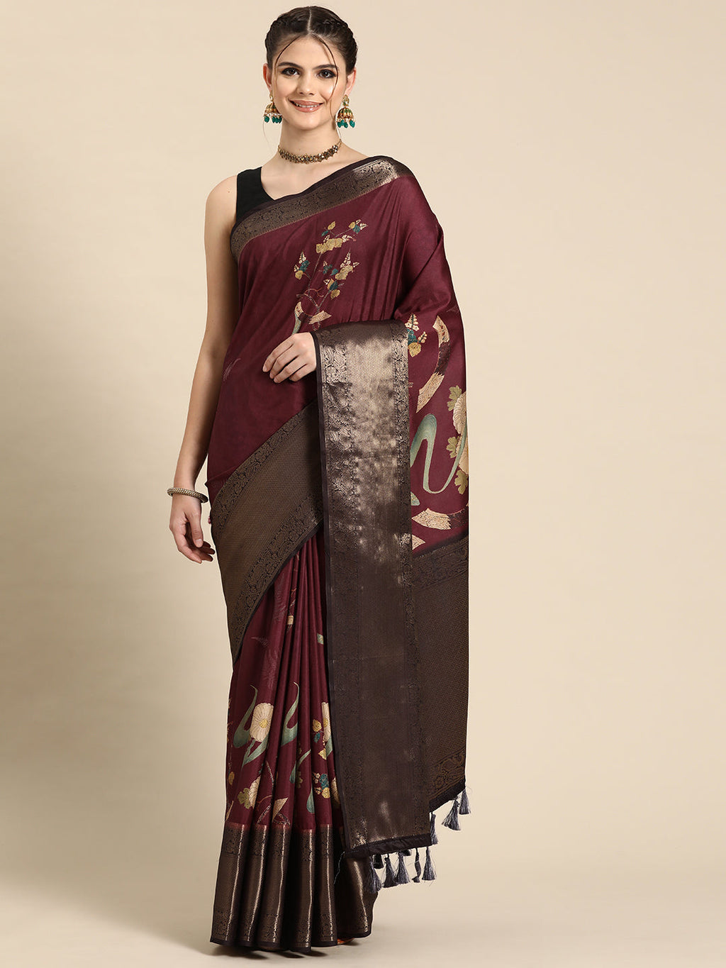 Purple Kanchipuram Silk Digital Print Floral Saree with Unstitched Blouse - Hiral Fashion | Grocsy