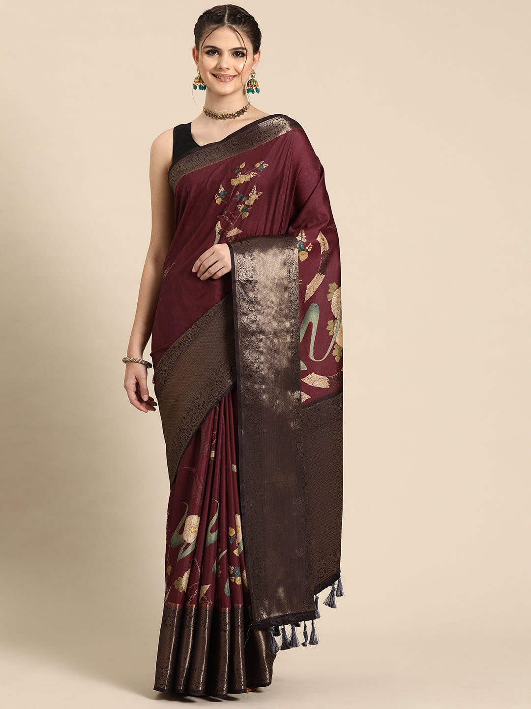 Purple Kanchipuram Silk Digital Print Floral Saree with Unstitched Blouse - Hiral Fashion | Grocsy