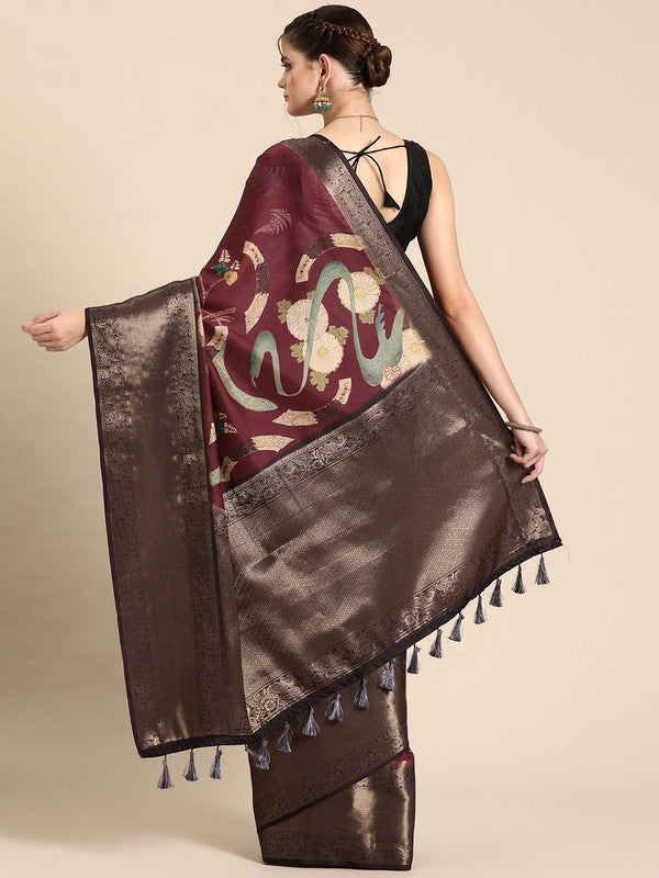 Purple Kanchipuram Silk Digital Print Floral Saree with Unstitched Blouse - Hiral Fashion | Grocsy