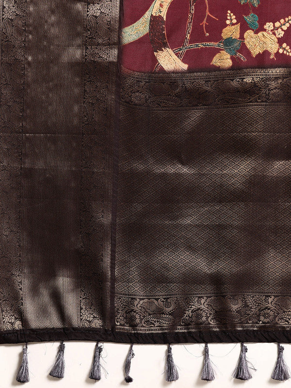 Purple Kanchipuram Silk Digital Print Floral Saree with Unstitched Blouse - Hiral Fashion | Grocsy