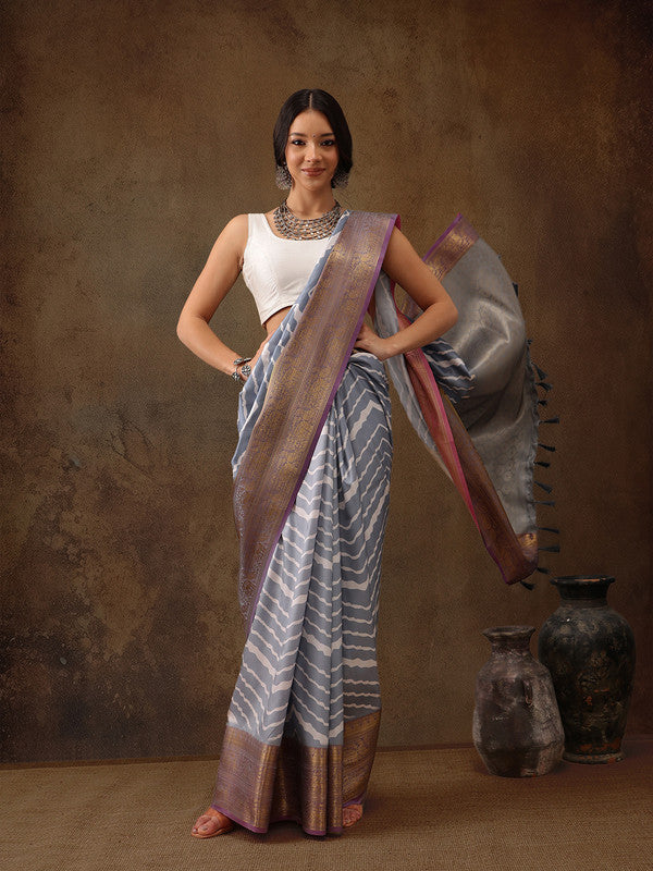 Gray Silk Blend Digital Print Striped Saree with Unstitched Blouse - Hiral Fashion | Grocsy
