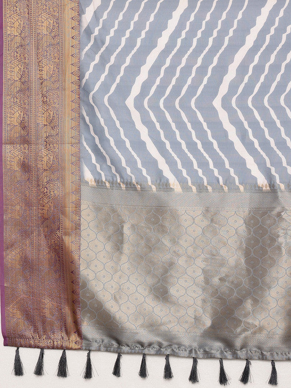 Gray Silk Blend Digital Print Striped Saree with Unstitched Blouse - Hiral Fashion | Grocsy