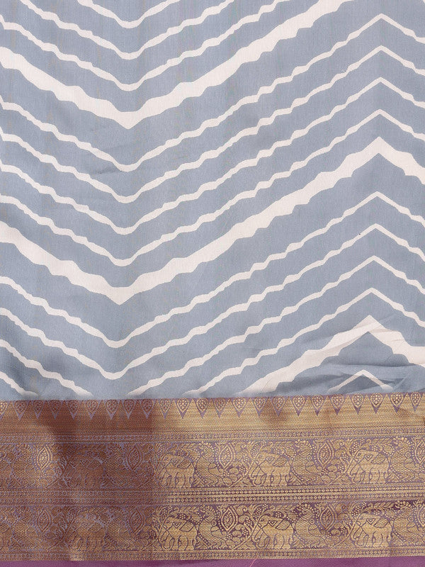 Gray Silk Blend Digital Print Striped Saree with Unstitched Blouse - Hiral Fashion | Grocsy