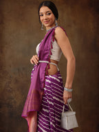 Lavender Silk Blend Digital Print Striped Saree with Unstitched Blouse - Hiral Fashion | Grocsy
