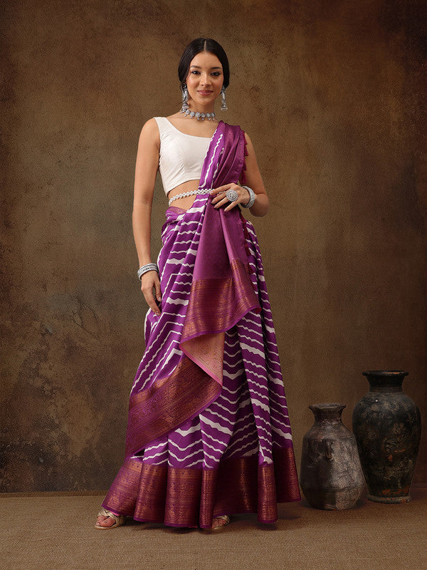 Lavender Silk Blend Digital Print Striped Saree with Unstitched Blouse - Hiral Fashion | Grocsy