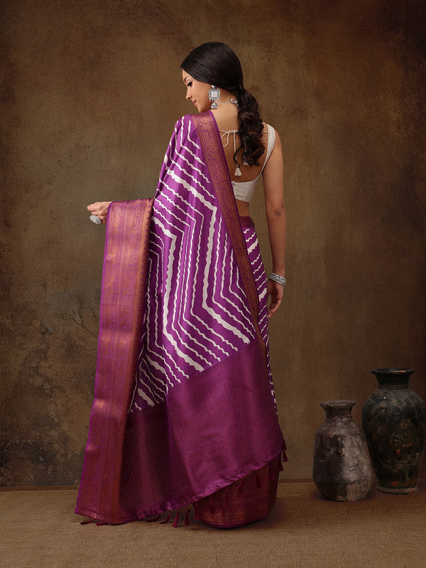 Lavender Silk Blend Digital Print Striped Saree with Unstitched Blouse - Hiral Fashion | Grocsy