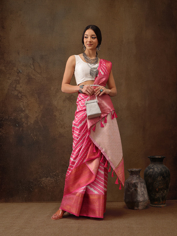 Pink Silk Blend Digital Print Striped Saree with Unstitched Blouse - Hiral Fashion | Grocsy