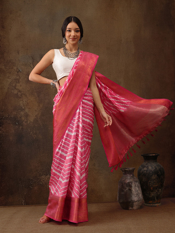 Pink Silk Blend Digital Print Striped Saree with Unstitched Blouse - Hiral Fashion | Grocsy