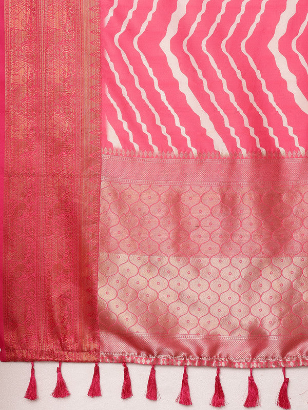 Pink Silk Blend Digital Print Striped Saree with Unstitched Blouse - Hiral Fashion | Grocsy