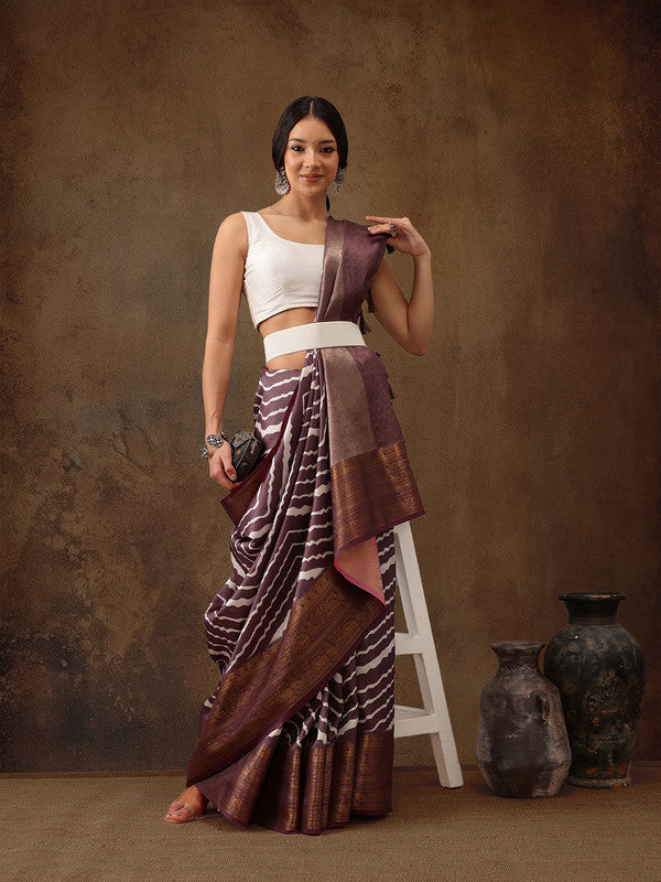 Purple Silk Blend Digital Print Striped Saree with Unstitched Blouse - Hiral Fashion | Grocsy
