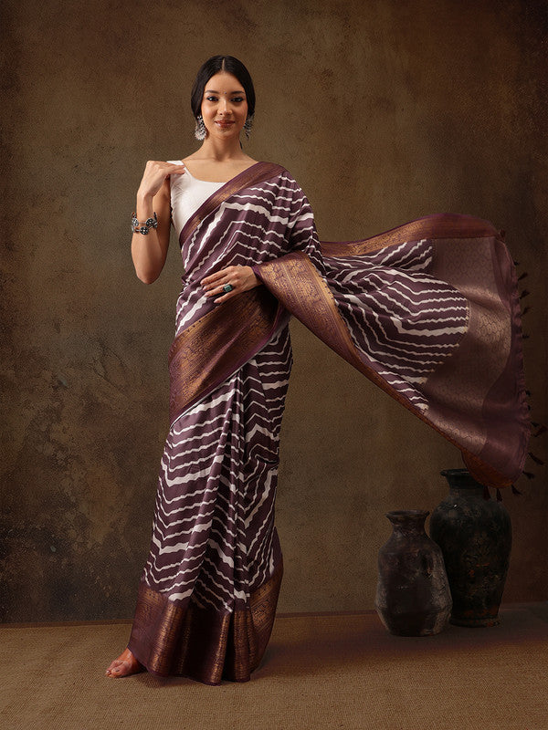 Purple Silk Blend Digital Print Striped Saree with Unstitched Blouse - Hiral Fashion | Grocsy