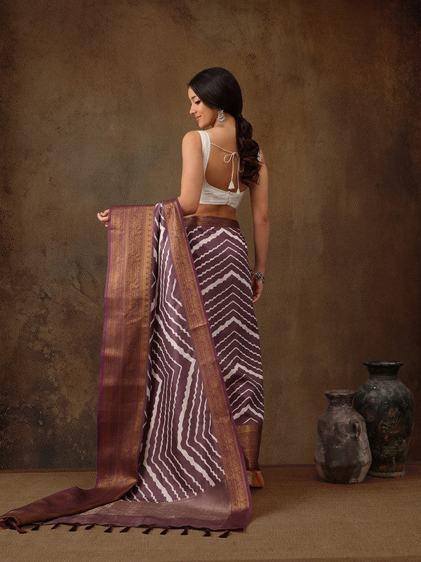 Purple Silk Blend Digital Print Striped Saree with Unstitched Blouse - Hiral Fashion | Grocsy