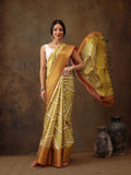Yellow Silk Blend Digital Print Striped Saree with Unstitched Blouse - Hiral Fashion | Grocsy