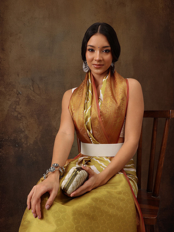 Yellow Silk Blend Digital Print Striped Saree with Unstitched Blouse - Hiral Fashion | Grocsy