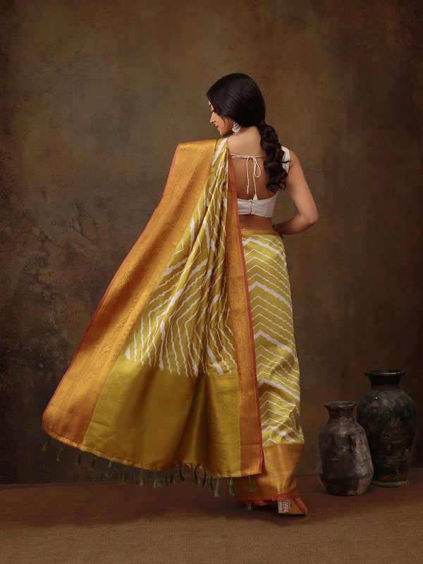 Yellow Silk Blend Digital Print Striped Saree with Unstitched Blouse - Hiral Fashion | Grocsy