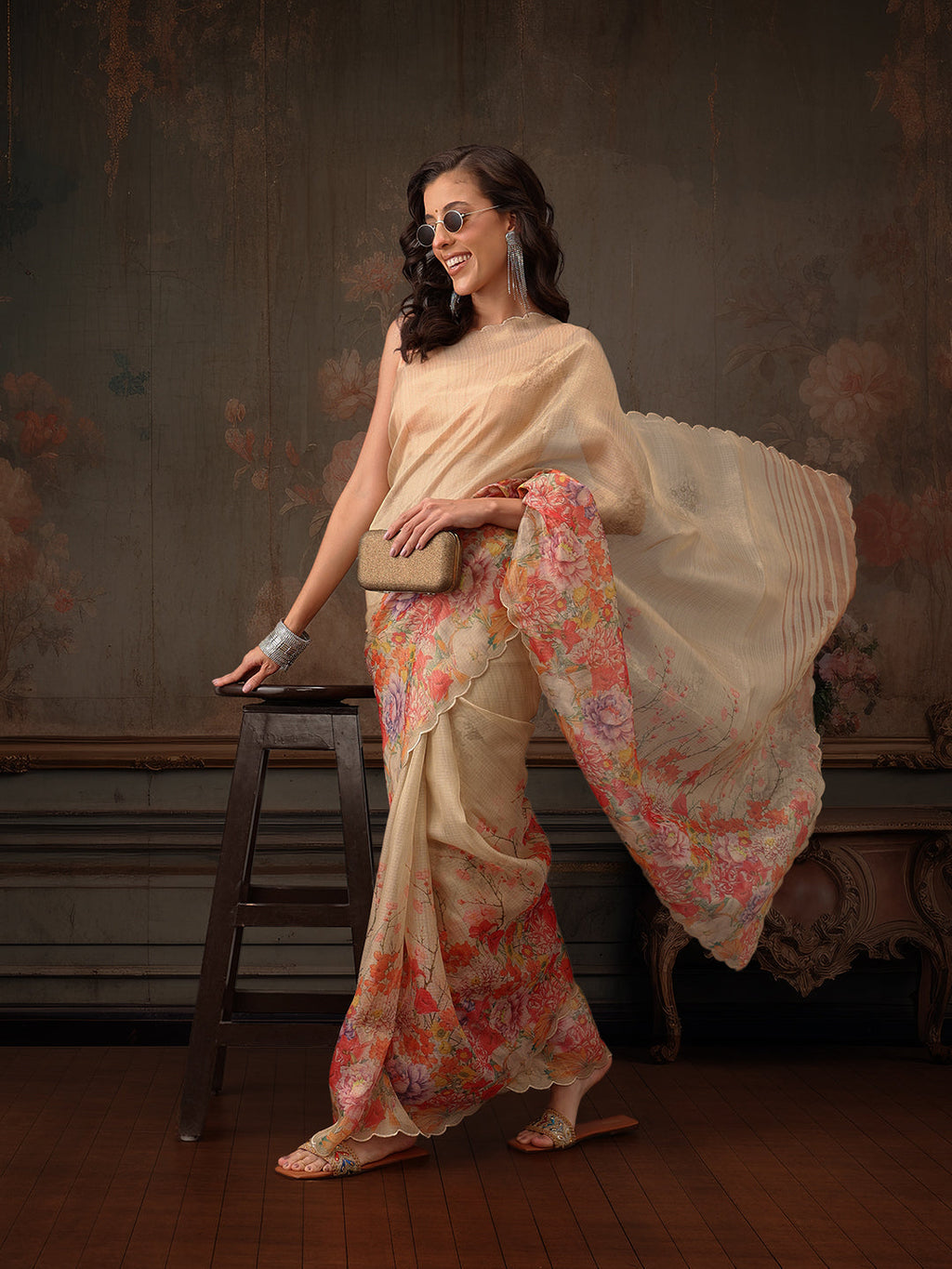 Hiral Fashion Beige Kota Doria Tissue Silk Floral Digital Print Saree | Grocsy